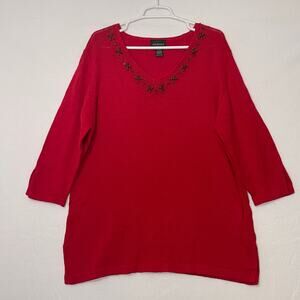 Lane Bryant Sweater Womens Plus 18/20 Red Knit Beaded V-Neck Half Sleeves Top